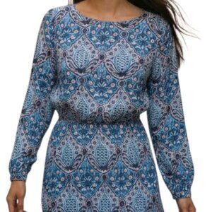 Ann Taylor LOFT Blue Pink Baroque Geometric Print Tie Waist Shift Dress X Small